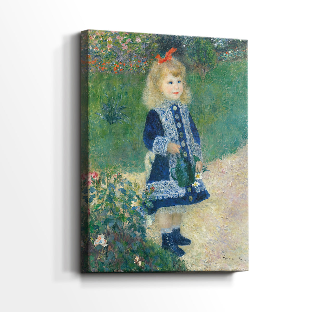 Side view of a canvas art print of a garden scene with a young girl in light-filled surroundings, showing gallery-wrapped depth.