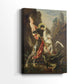 Side view of a canvas art print of a narrative composition with figures and creature in action, showing gallery-wrapped depth.