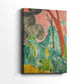 Side view of a canvas art print of a stylized garden with patterned shapes and bright palette, showing gallery-wrapped depth.