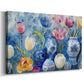 Colorful floral arrangement with blue and white vases on a bright background showcasing artistic design and craftsmanship