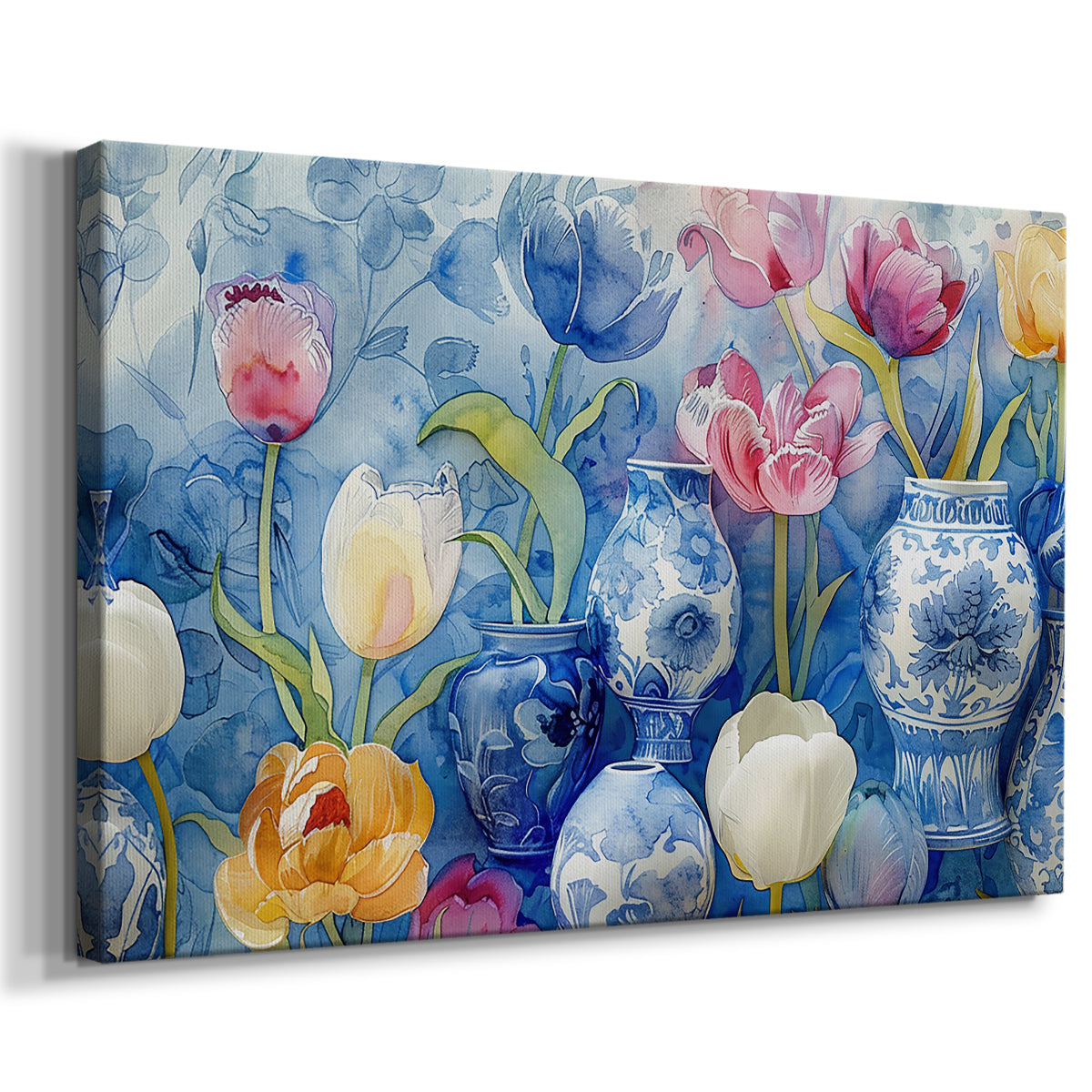 Colorful floral arrangement with blue and white vases on a bright background showcasing artistic design and craftsmanship