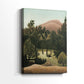 Side view of a canvas art print of a stylized countryside with flat perspective and greenery, showing gallery-wrapped depth.
