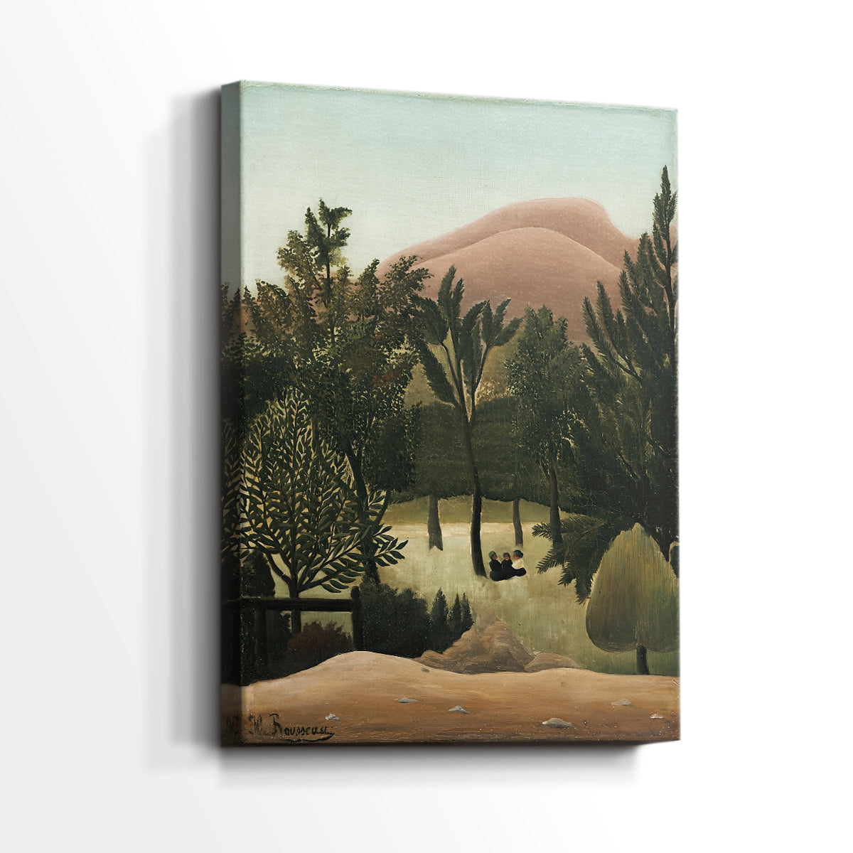 Side view of a canvas art print of a stylized countryside with flat perspective and greenery, showing gallery-wrapped depth.