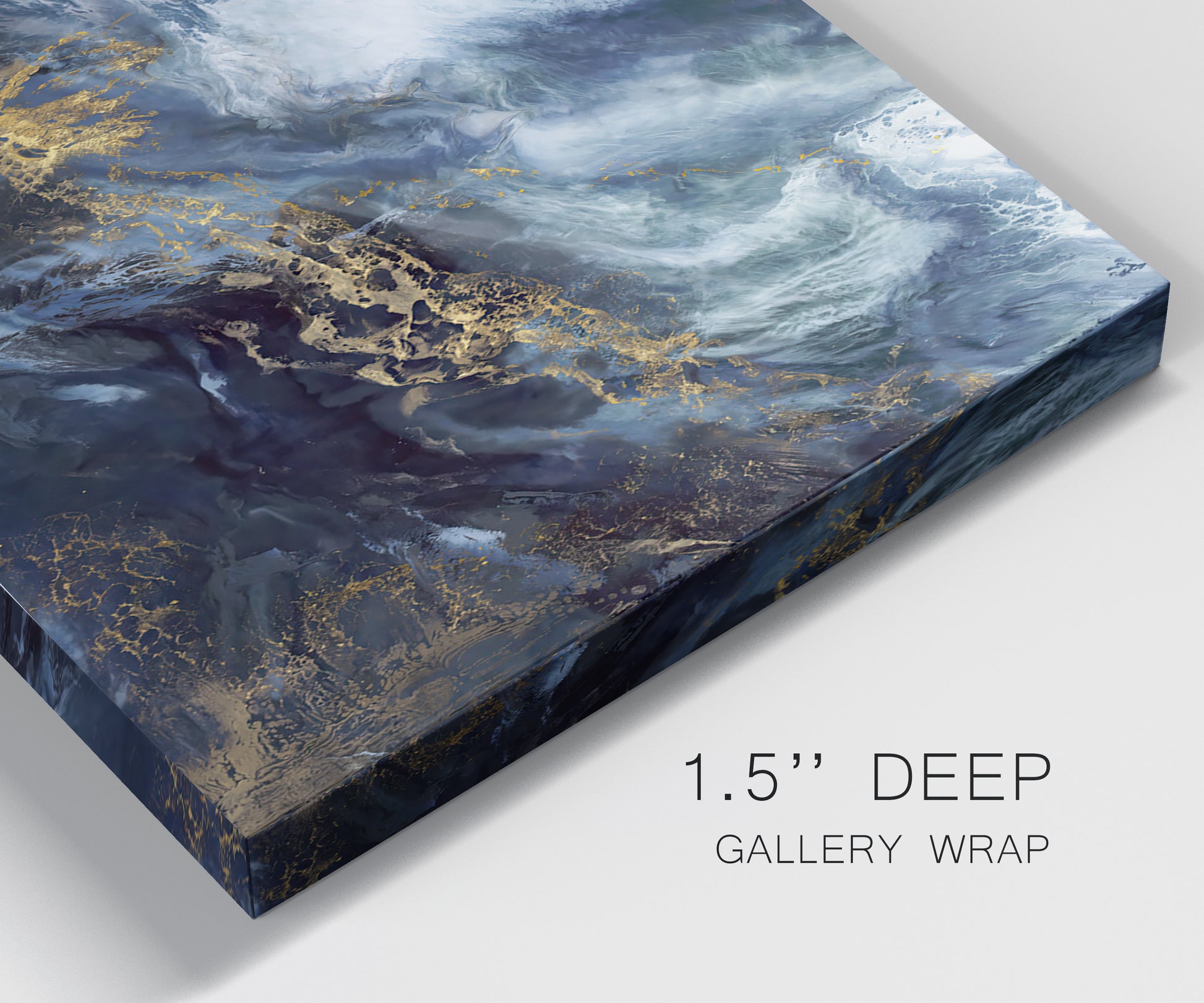 Close-up view of wrapped canvas corner featuring soft abstract landscape anticipation tones.