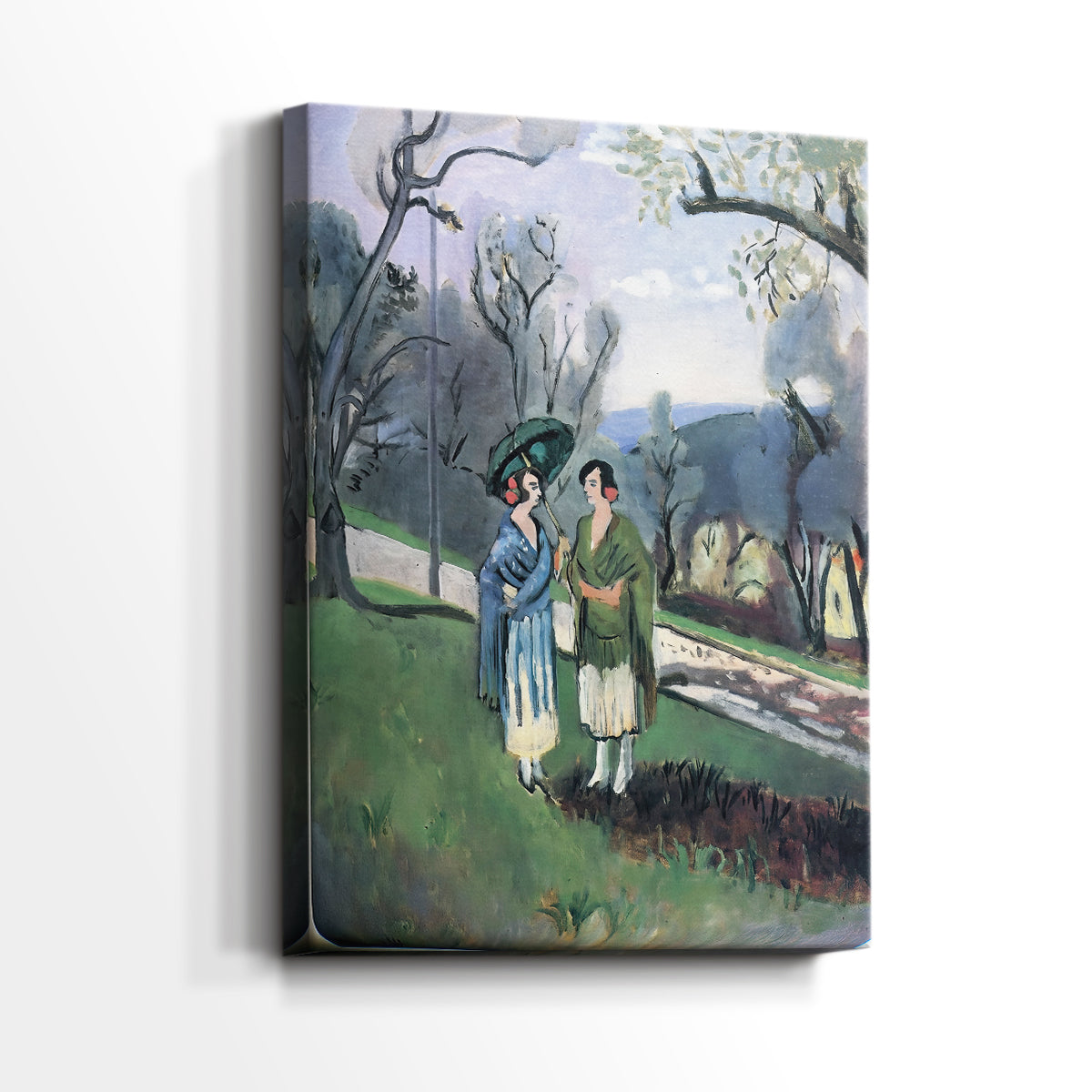 Side view of a canvas art print of a calm composition with figures in a natural setting, showing gallery-wrapped depth.