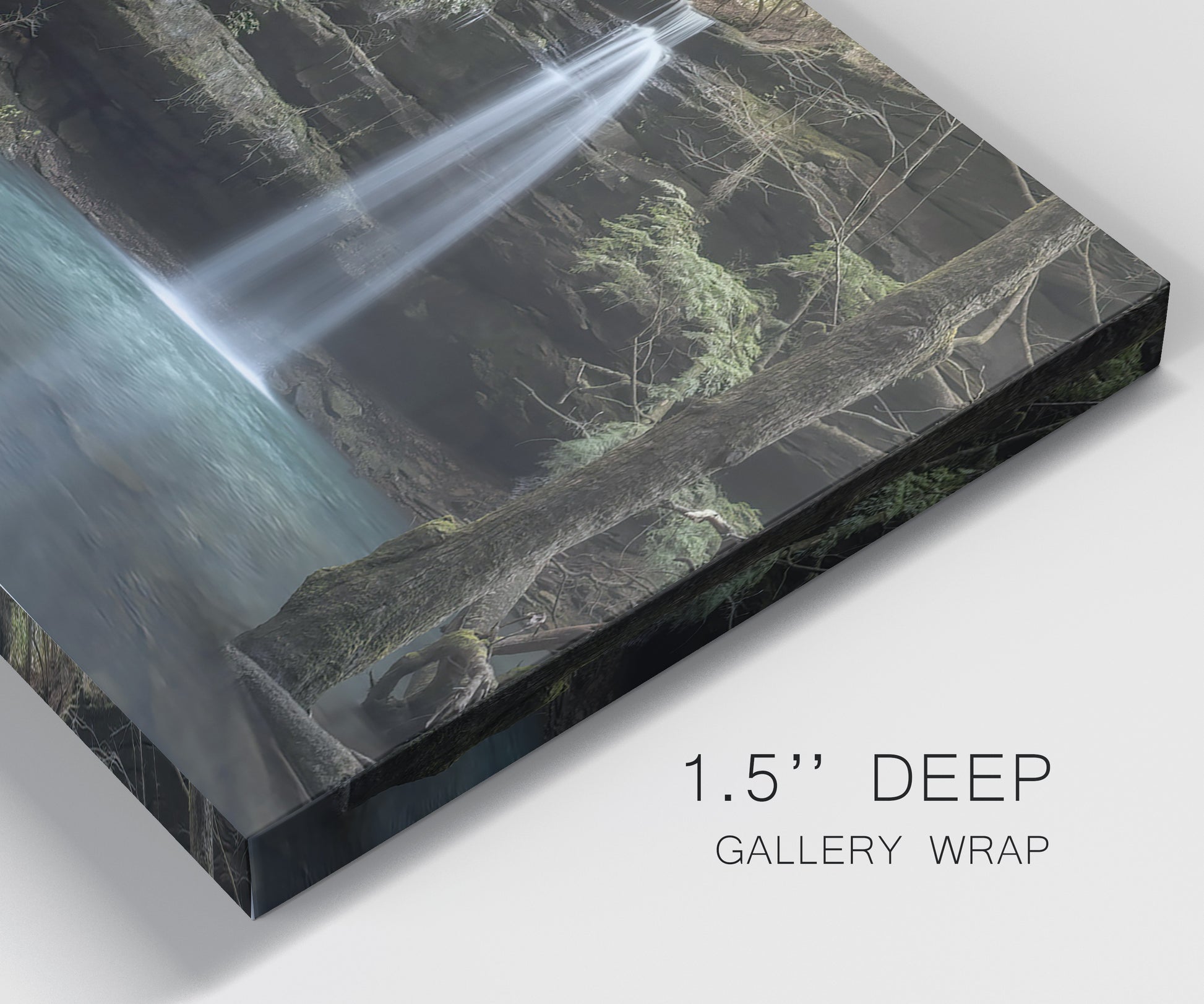 Close-up view of wrapped canvas corner featuring waterfall cascading through forest.