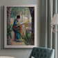 Impressionist portrait of Madame Monet sewing by Claude Monet in an {frame_style_descriptor} displayed in a neutral interior setting.