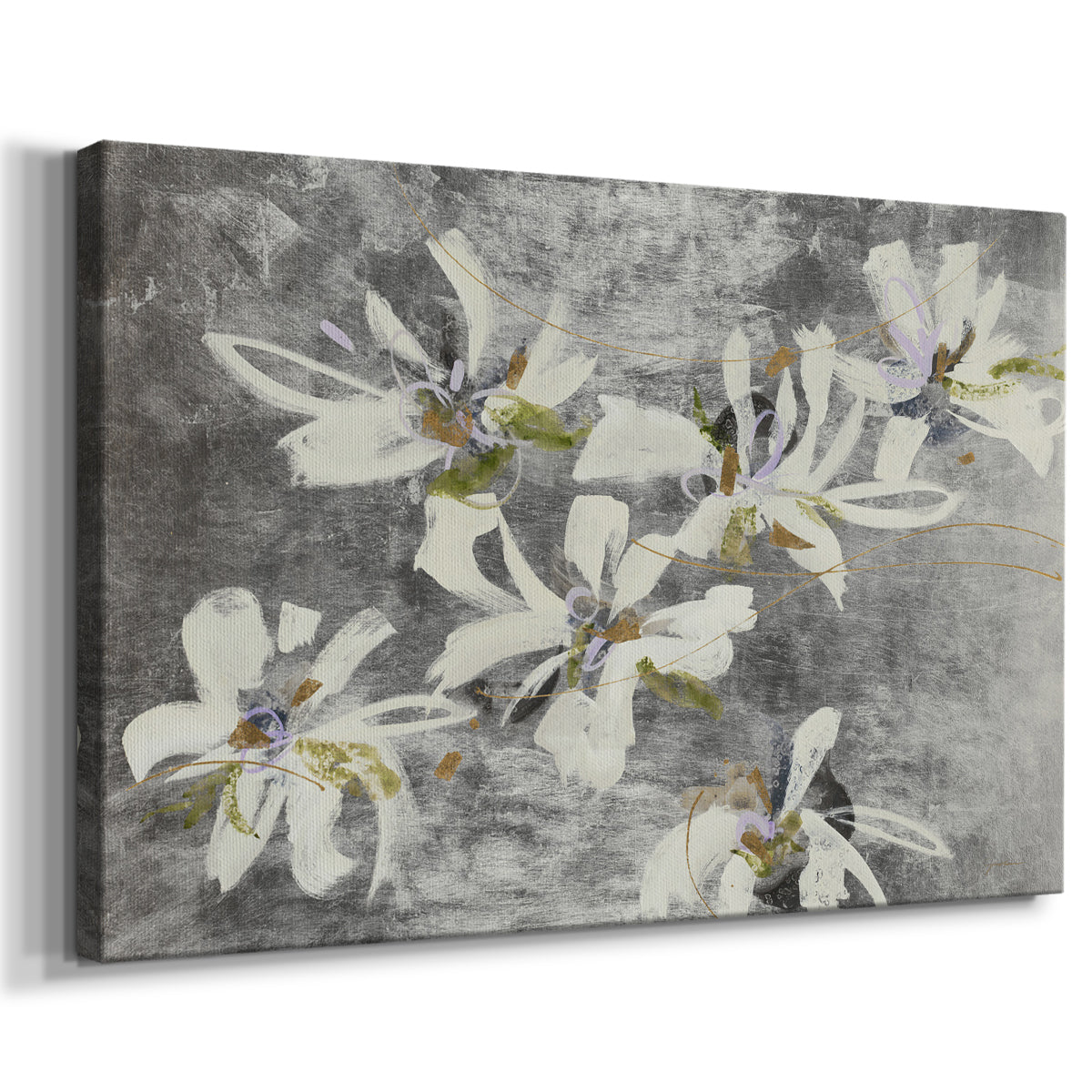 floral,painting,abstract,flowers,Gray background,white blossoms,purple accents,green highlights,texture,art,decoration,design,contemporary,modern,still life,nature,canvas,composition,elegance,beauty,vibrant,detail,creativity,brush strokes,indoor decor,aesthetics,hand-painted,impressionism,visual art,relaxing,harmony,nature-inspired,organic forms,soft colors,interior design,uplifting,decoration idea,art piece,expression