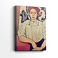 Side view of a canvas art print of a modern portrait with minimal detail and calm expression, showing gallery-wrapped depth.