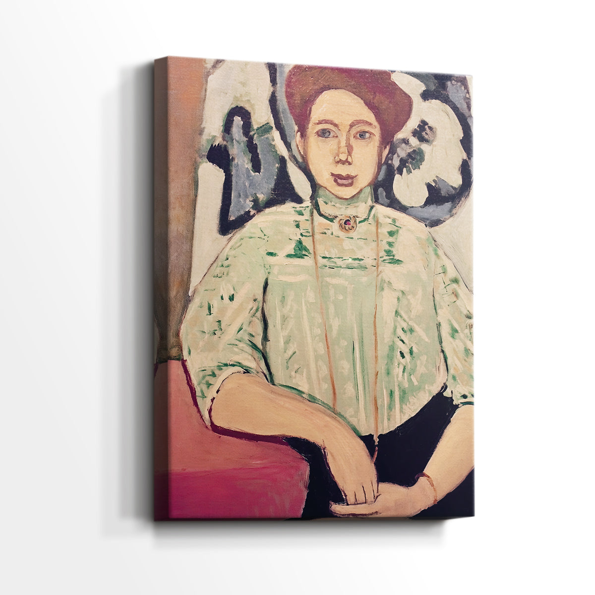 Side view of a canvas art print of a modern portrait with minimal detail and calm expression, showing gallery-wrapped depth.