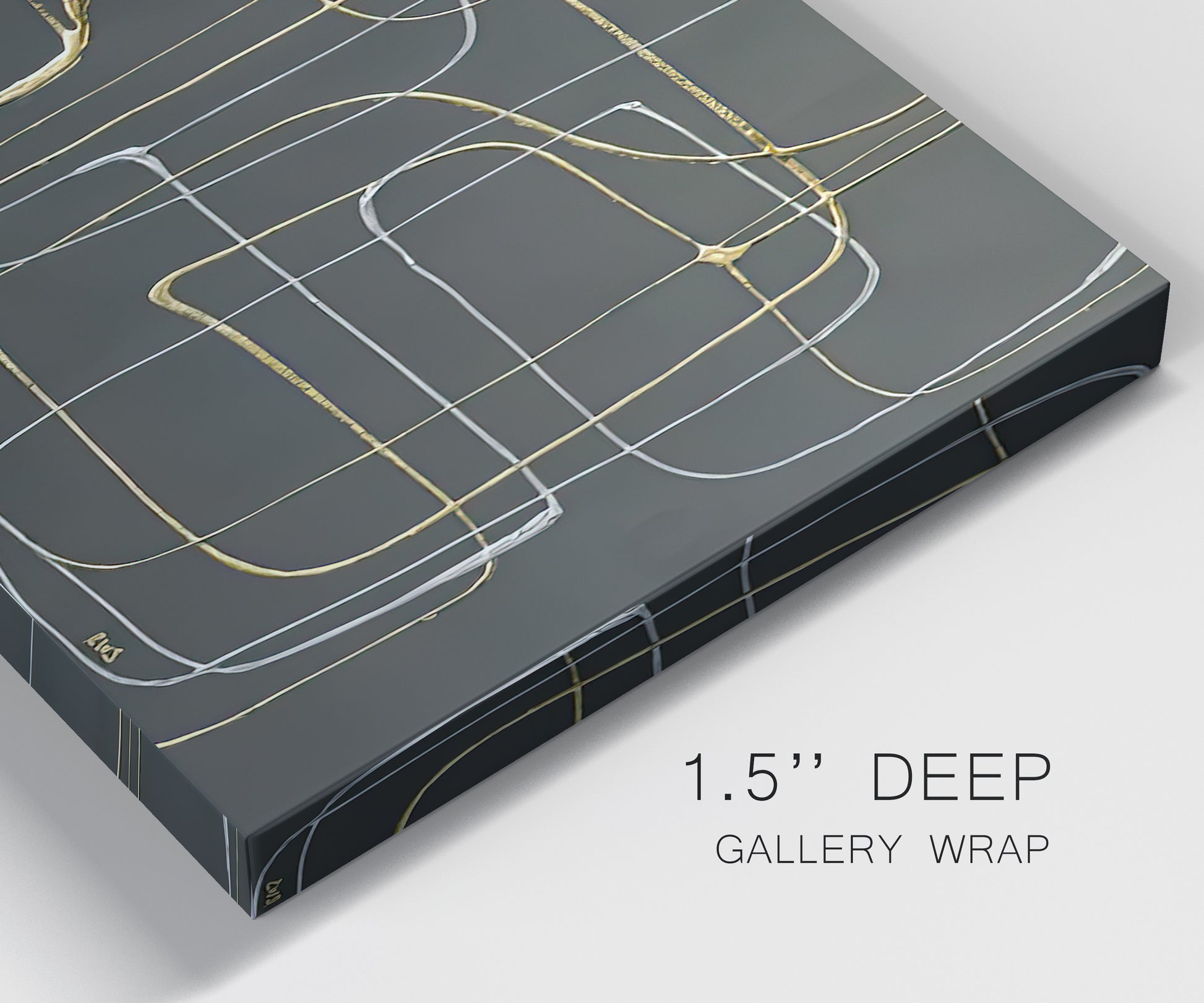 Close-up view of wrapped canvas corner featuring linear abstract conduit pattern.