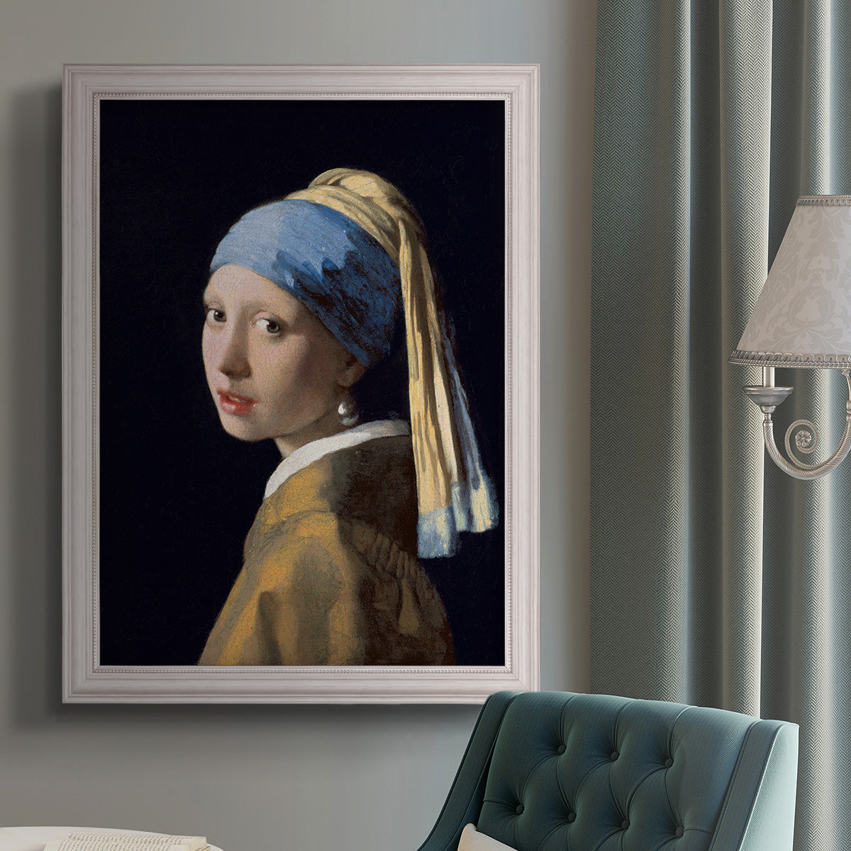 Iconic portrait of a girl wearing a pearl earring by Johannes Vermeer in an {frame_style_descriptor} displayed in a neutral interior setting.