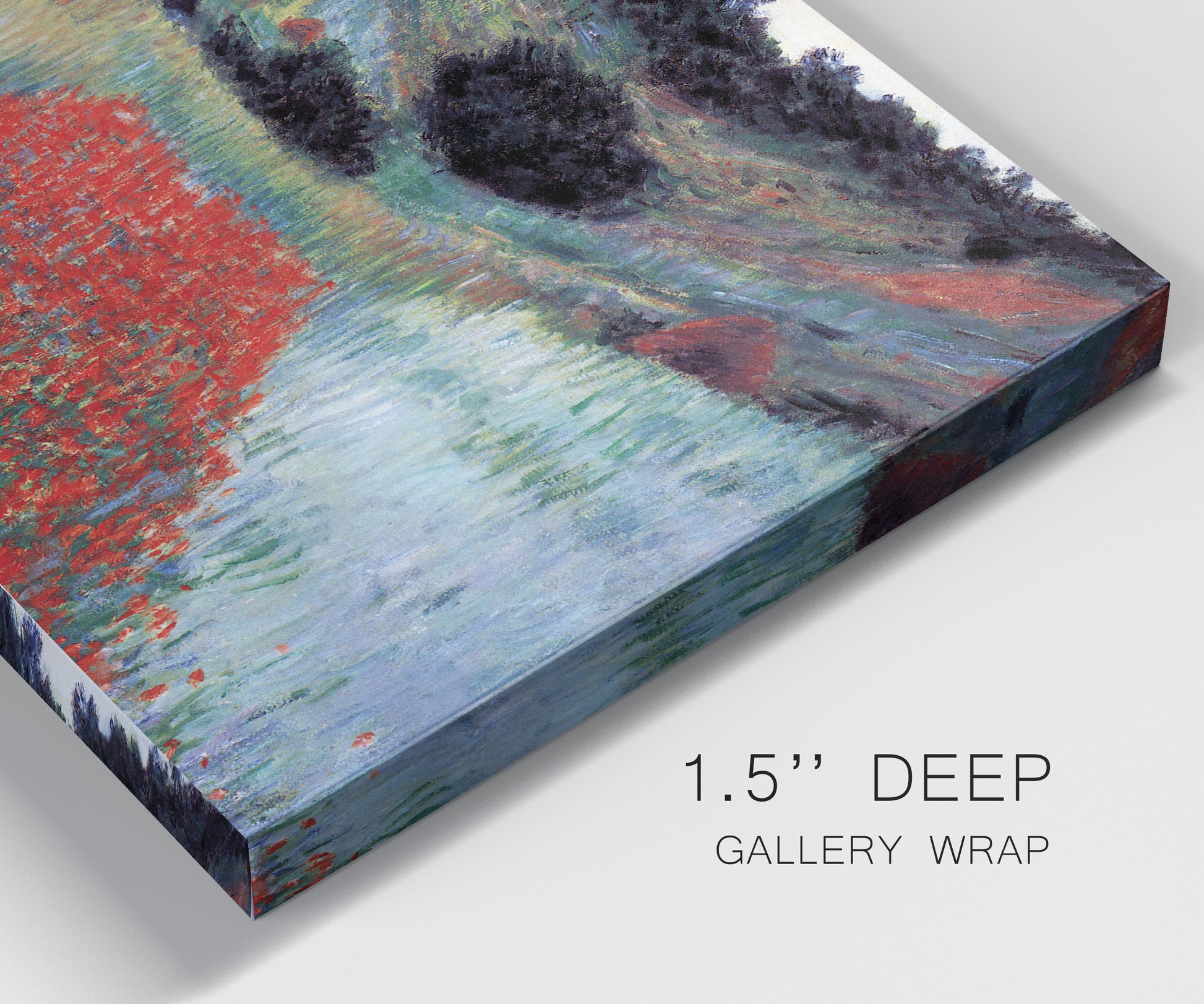 Close-up view of wrapped canvas corner featuring poppy field in shallow valley.