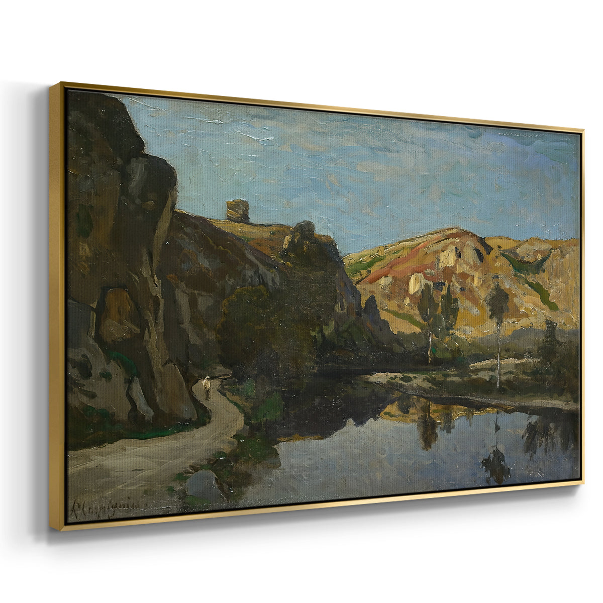 River Landscape with Cliffs, c. 1850-1860 - Floater Framed Canvas Print