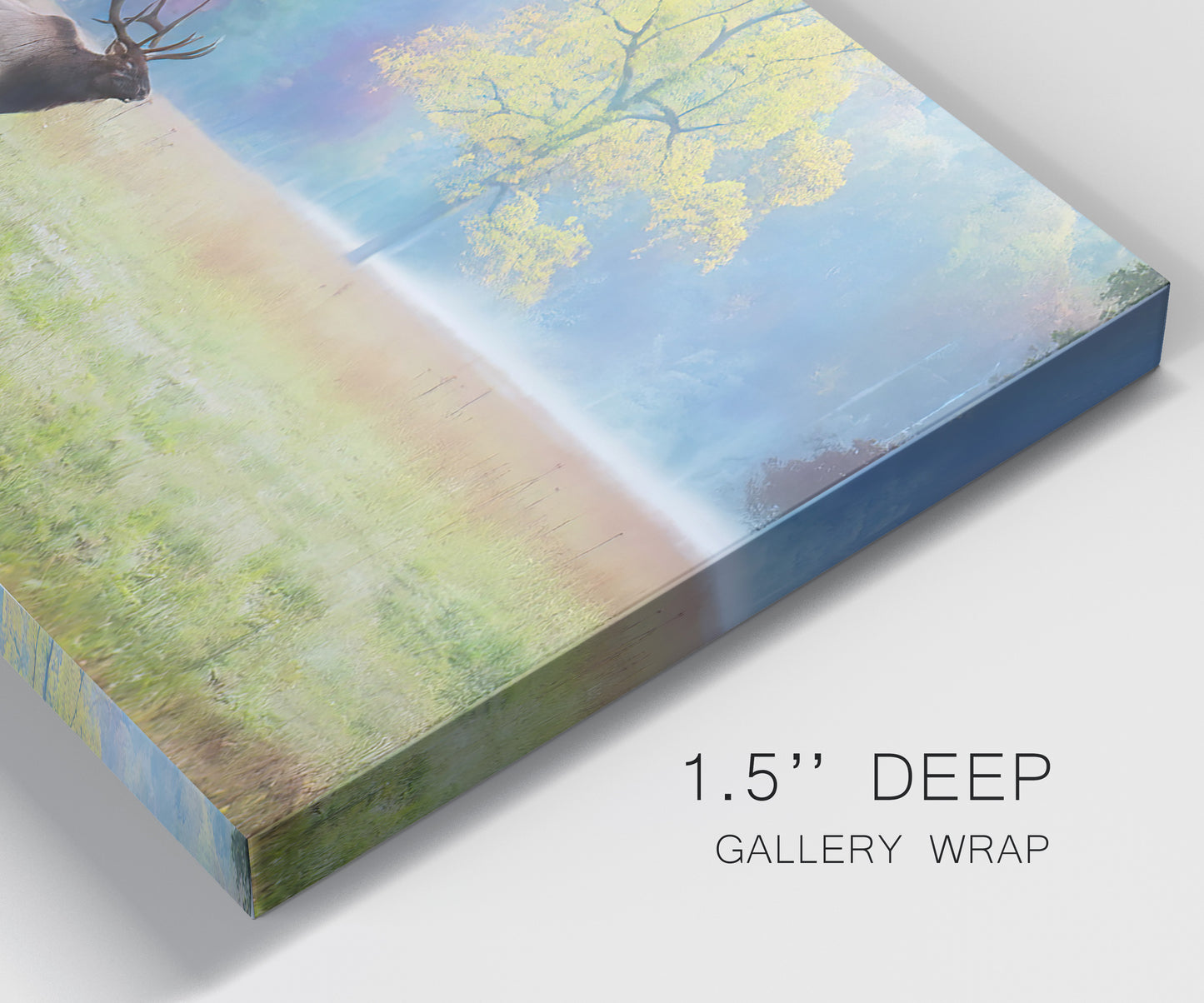 Close-up view of wrapped canvas corner featuring resting animals in open field.