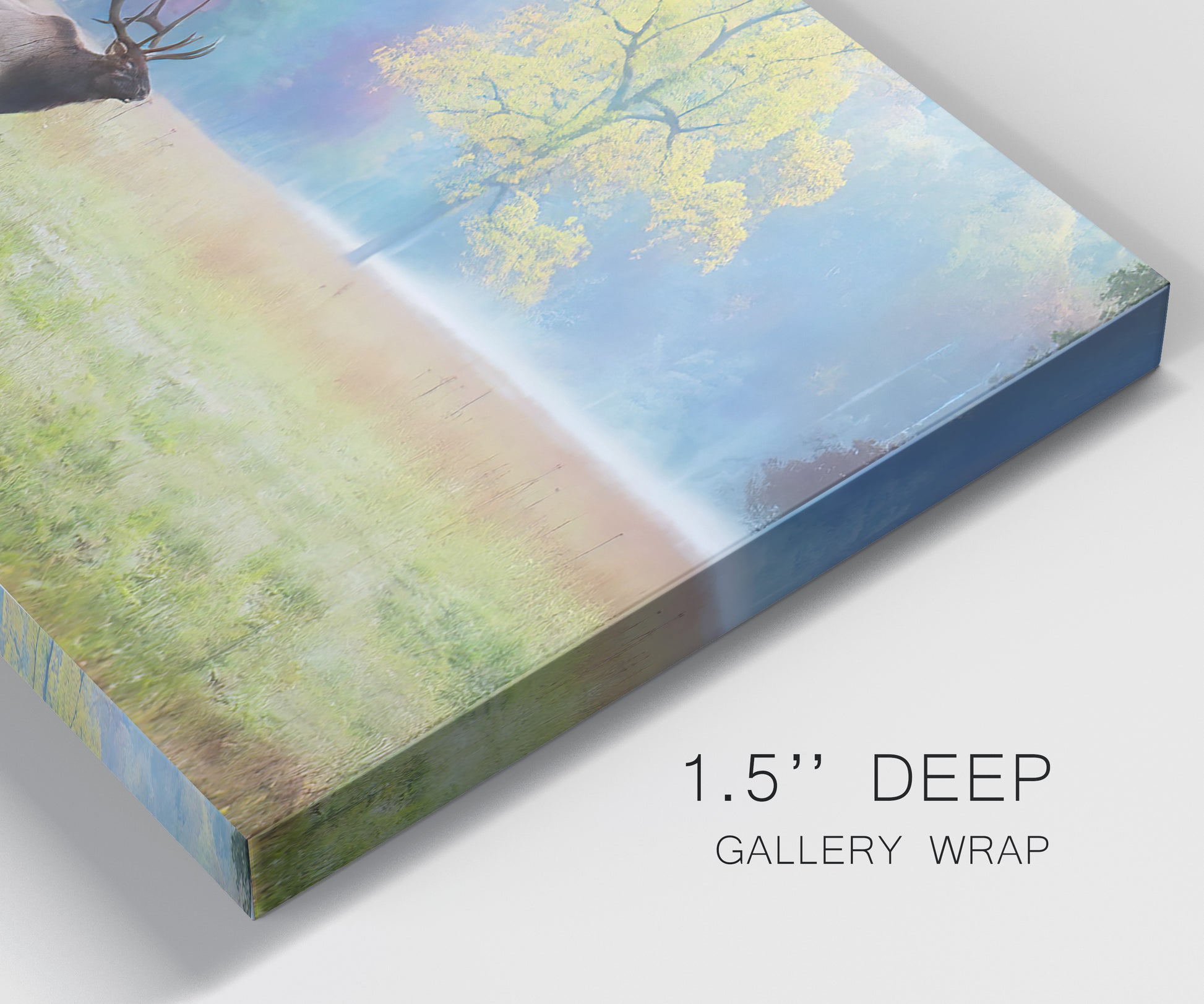 Close-up view of wrapped canvas corner featuring resting animals in open field.