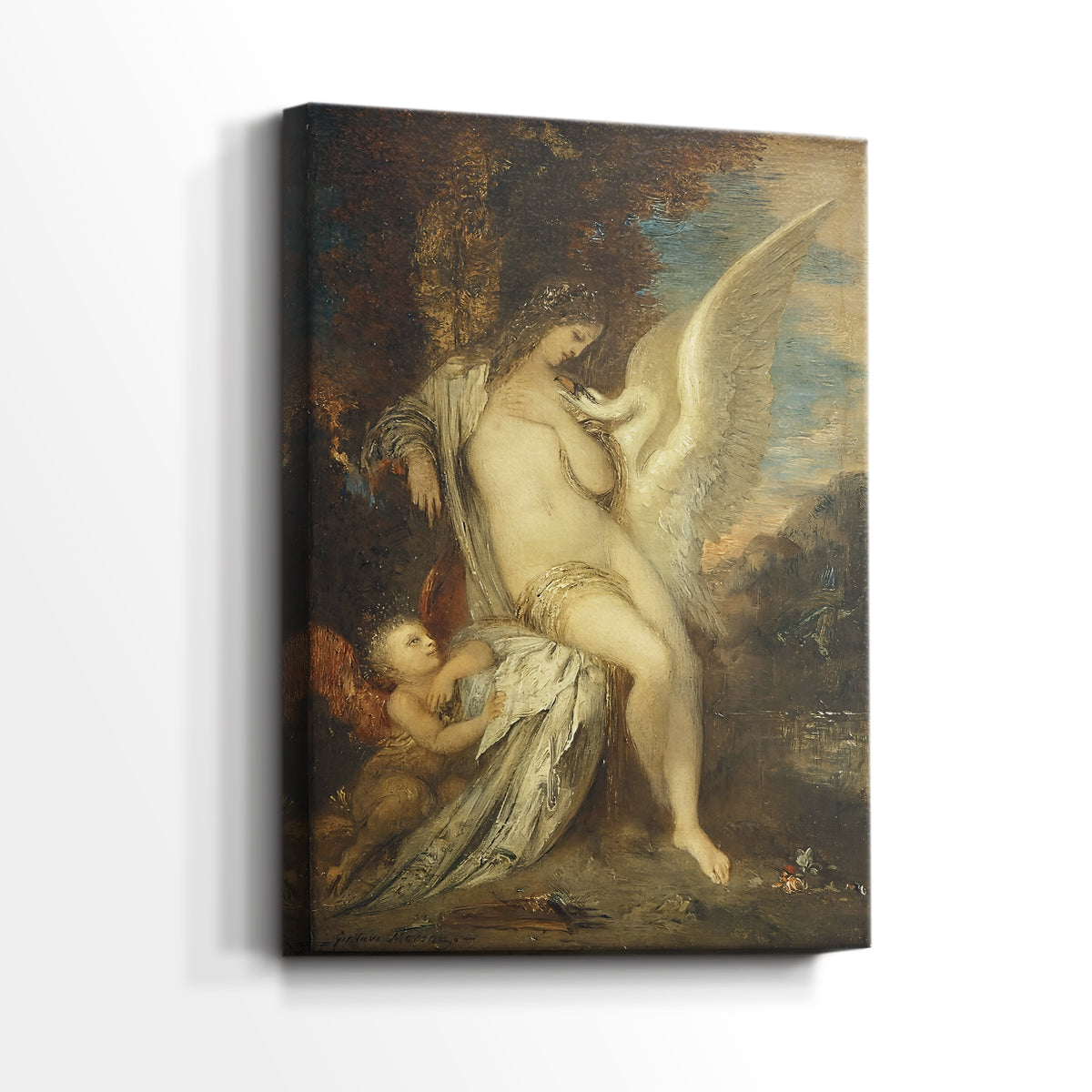 Side view of a canvas art print of a decorative scene with a figure and animal interaction, showing gallery-wrapped depth.