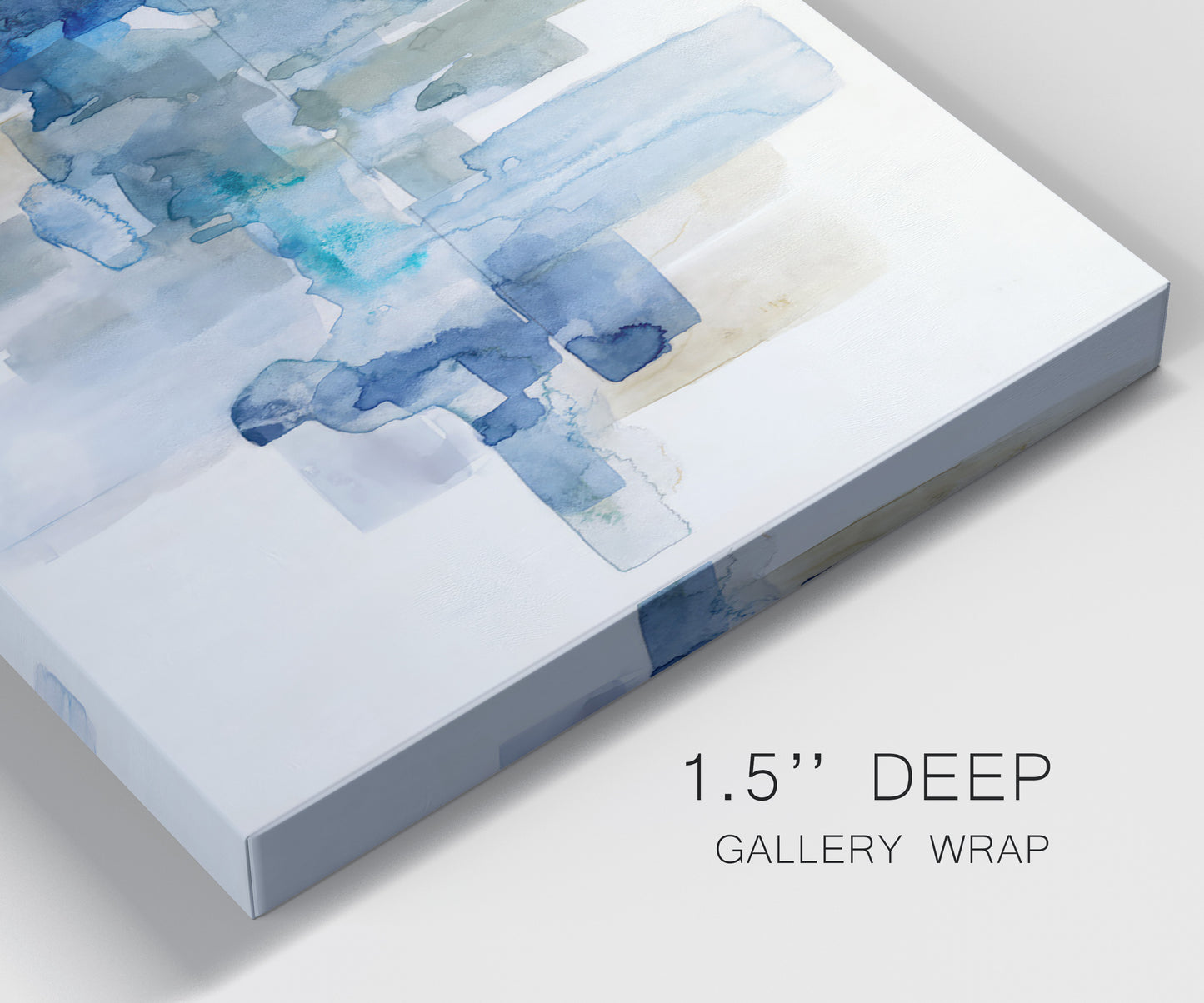 Close-up view of wrapped canvas corner featuring minimal urban skyline watercolor.