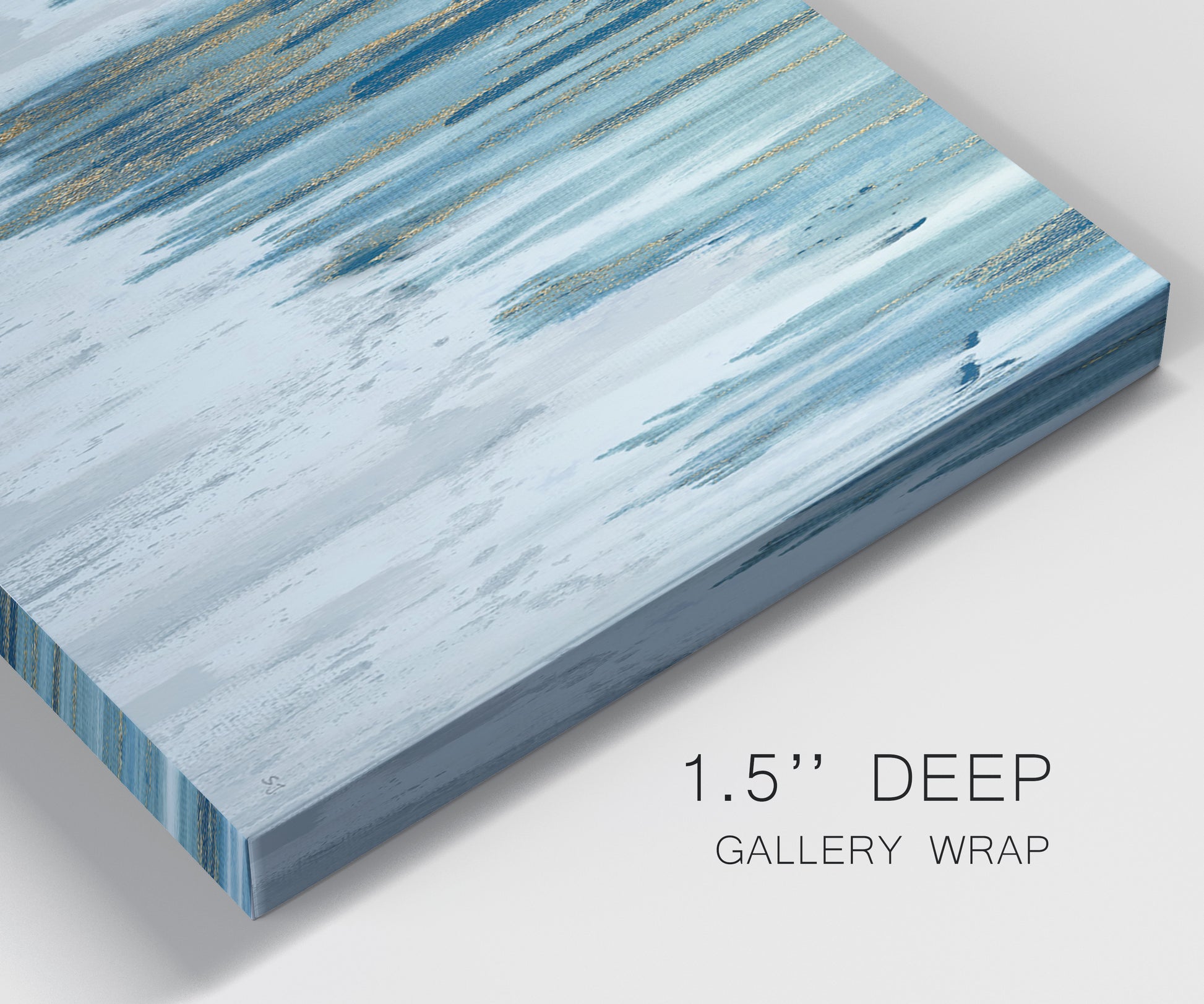 Close-up view of wrapped canvas corner featuring wide pastoral valley landscape.