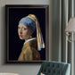 Iconic portrait of a girl wearing a pearl earring by Johannes Vermeer in an {frame_style_descriptor} displayed in a neutral interior setting.