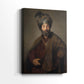 Side view of a canvas art print of a composed portrait with soft light and layered fabric, showing gallery-wrapped depth.