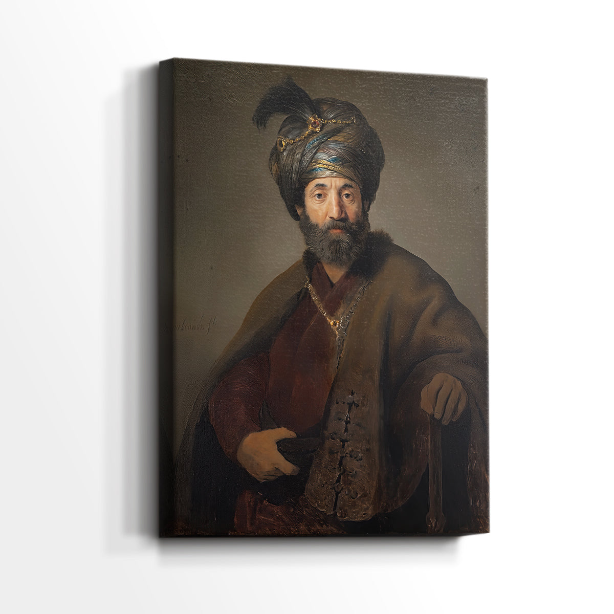 Side view of a canvas art print of a composed portrait with soft light and layered fabric, showing gallery-wrapped depth.
