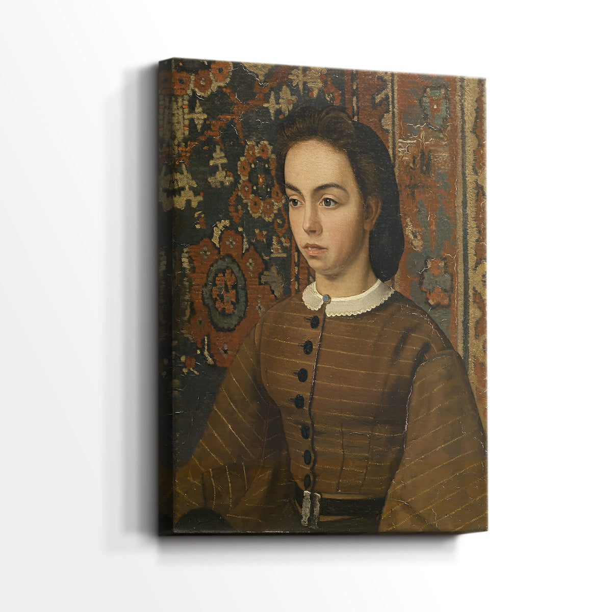 Side view of a canvas art print of a classic portrait with gentle light and minimal background, showing gallery-wrapped depth.