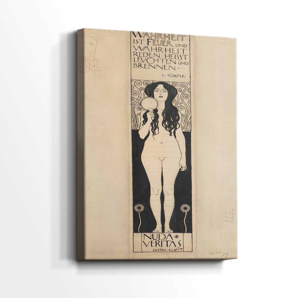 Side view of a canvas art print of a symbolic composition with a nude figure and patterned background, showing gallery-wrapped depth.