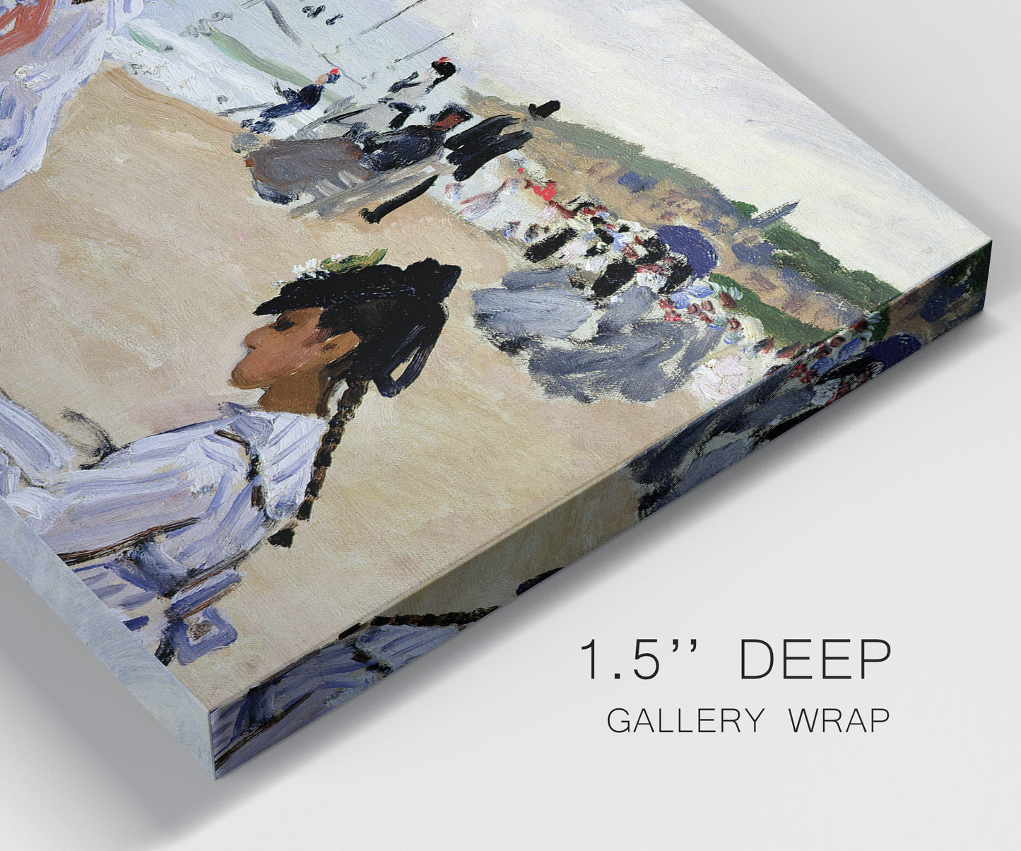 Close-up view of wrapped canvas corner featuring figures walking along sandy beach.