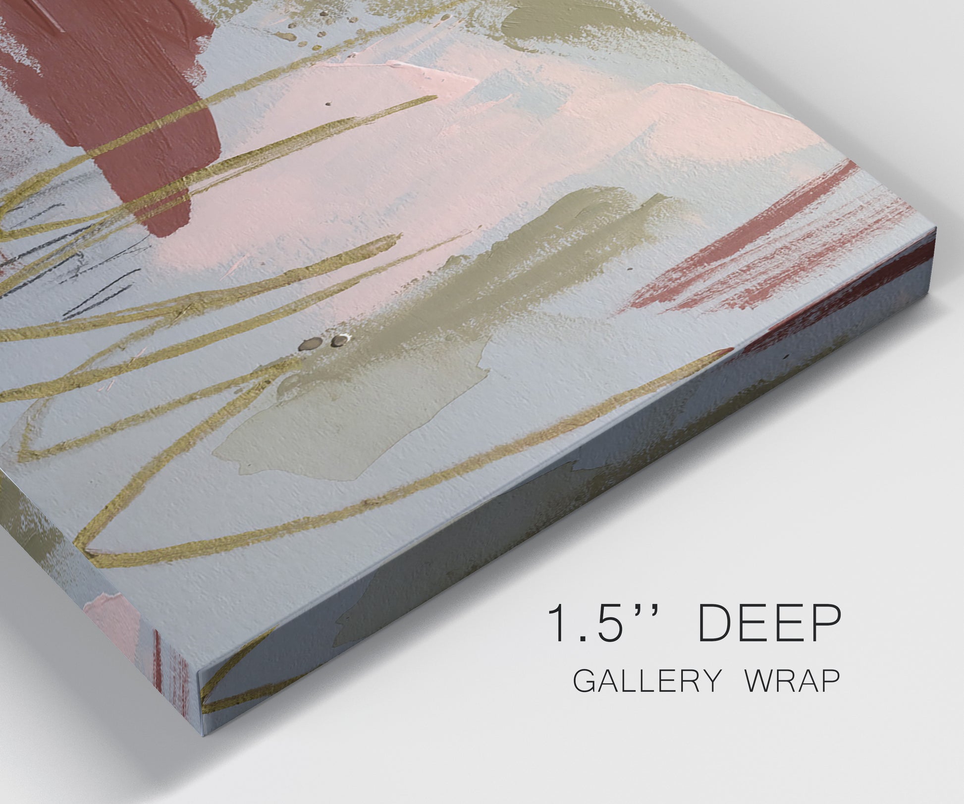 Close-up view of wrapped canvas corner featuring minimalist abstract line textures.