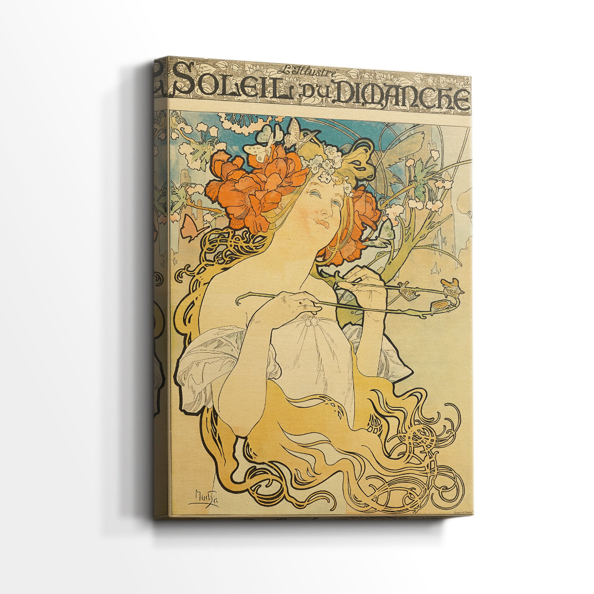 Side view of a canvas art print of a decorative print with flowing lines and elegant composition, showing gallery-wrapped depth.