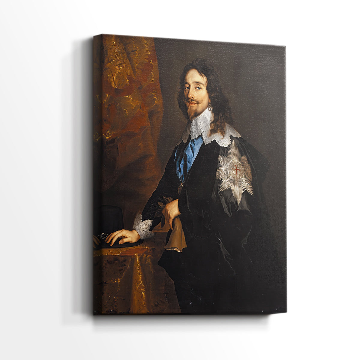 Side view of a canvas art print of a classic portrait of a monarch with decorative insignia, showing gallery-wrapped depth.