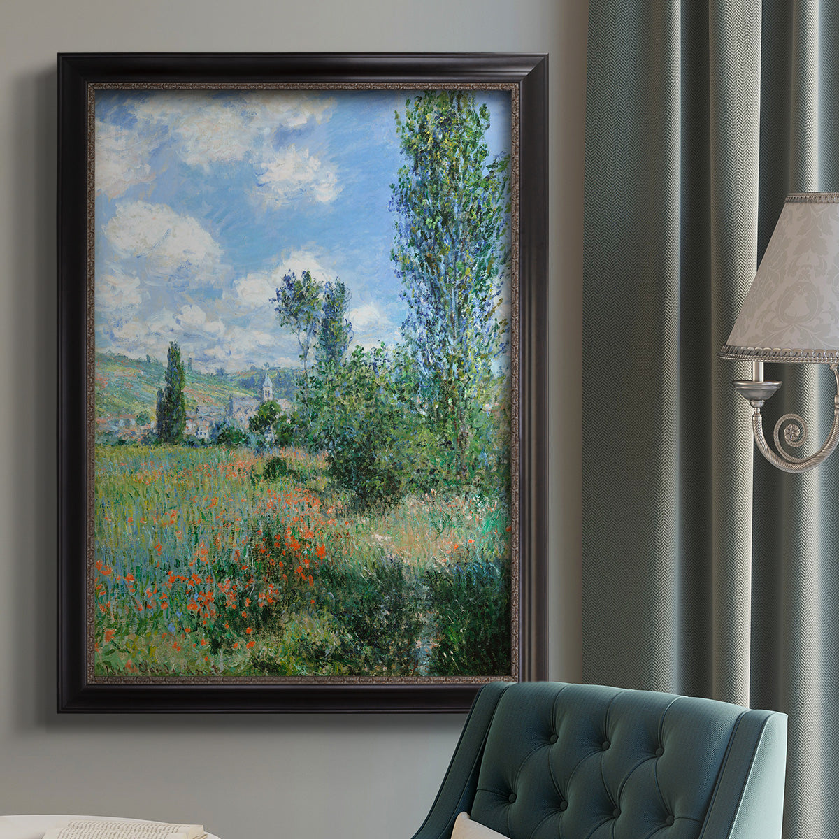Impressionist pastoral landscape with poppy fields by Claude Monet in an {frame_style_descriptor} displayed in a neutral interior setting.