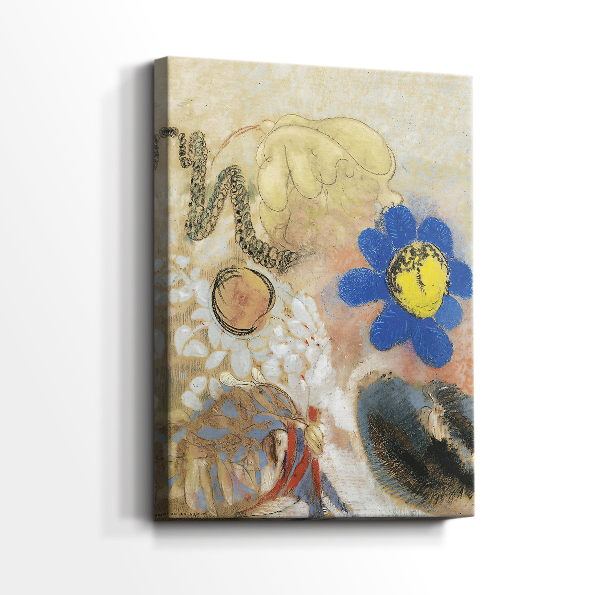 Side view of a canvas art print of a delicate composition with soft color and abstract forms, showing gallery-wrapped depth.