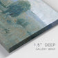 Close-up view of wrapped canvas corner featuring riverbank landscape with reflections.