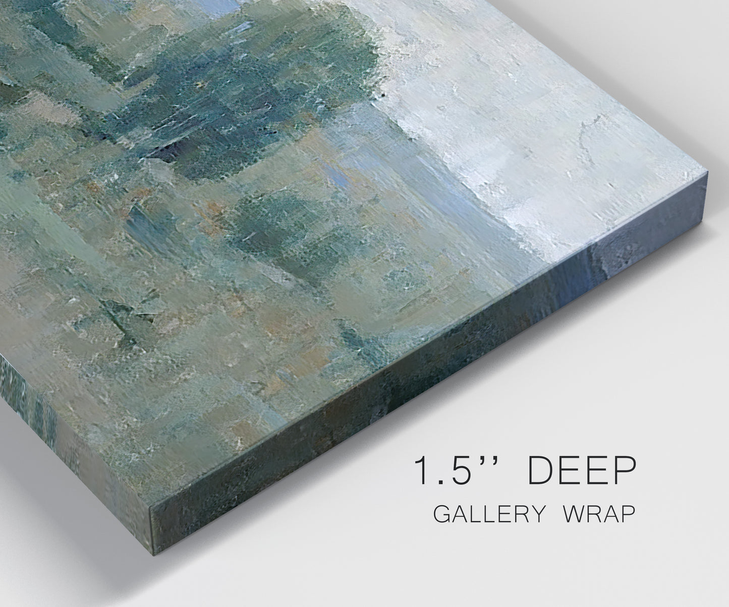 Close-up view of wrapped canvas corner featuring riverbank landscape with reflections.