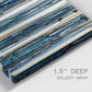 Close-up view of wrapped canvas corner featuring vertical blue abstract streaks.