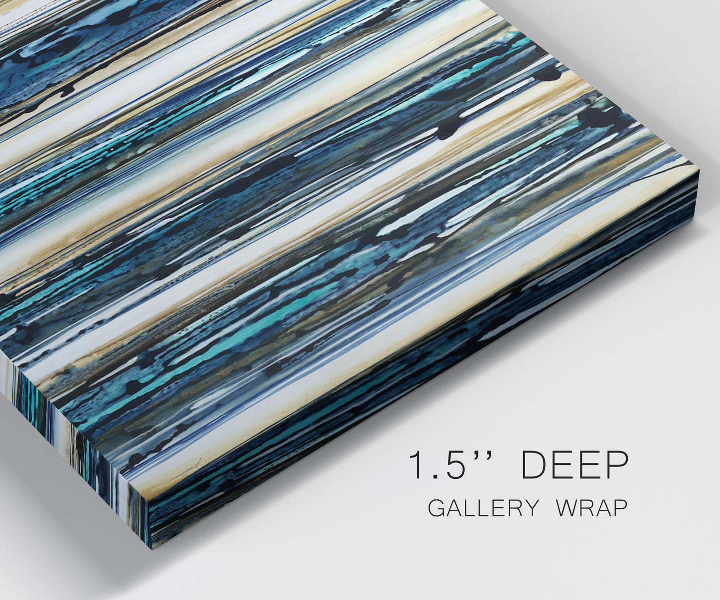 Close-up view of wrapped canvas corner featuring vertical blue abstract streaks.