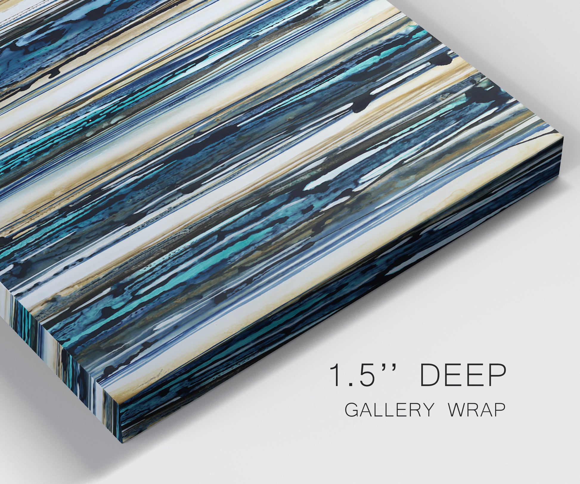 Close-up view of wrapped canvas corner featuring vertical blue abstract streaks.