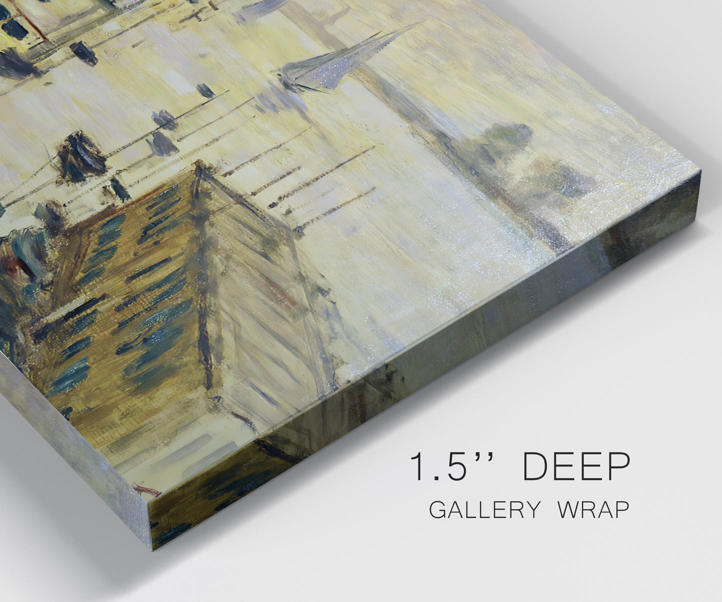 Close-up view of wrapped canvas corner featuring working harbor with boats.