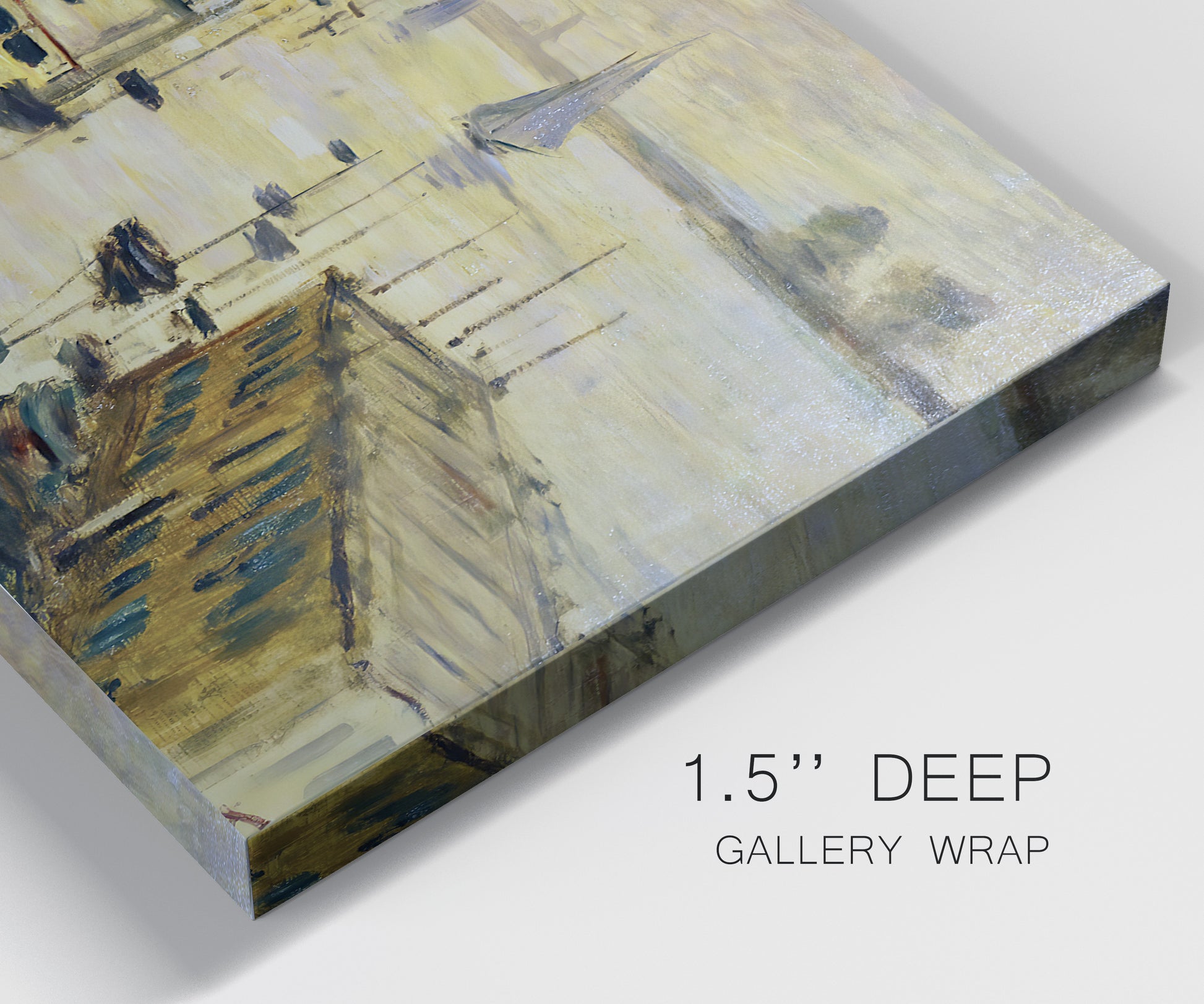 Close-up view of wrapped canvas corner featuring working harbor with boats.
