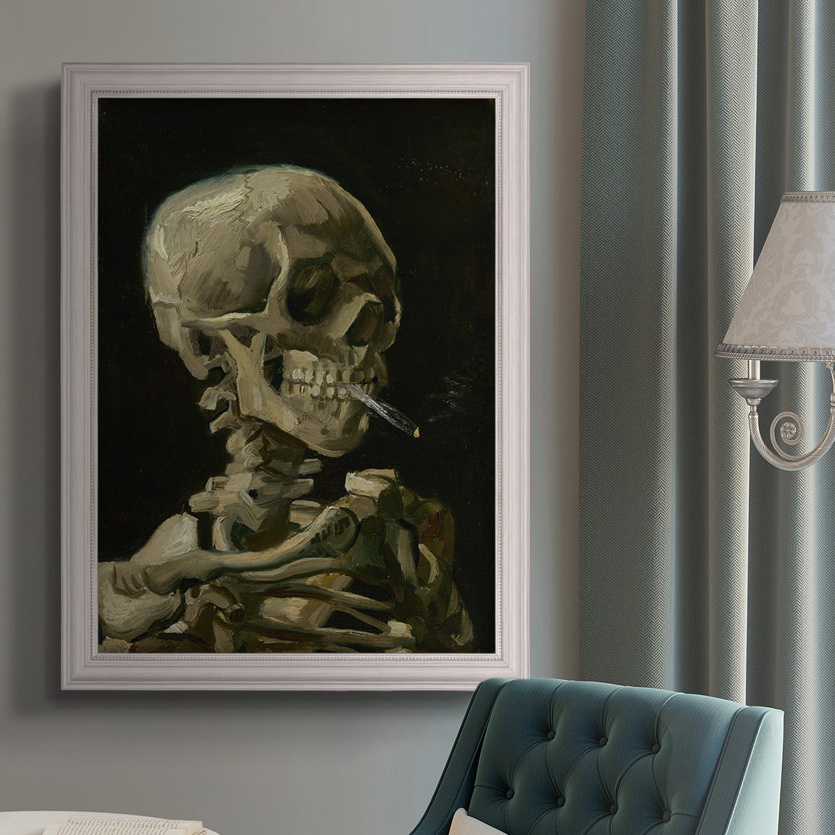 Head of a Skeleton with a Burning Cigarette - Ornate Framed Canvas Print