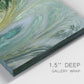 Close-up view of wrapped canvas corner featuring layered modern abstract landscape.