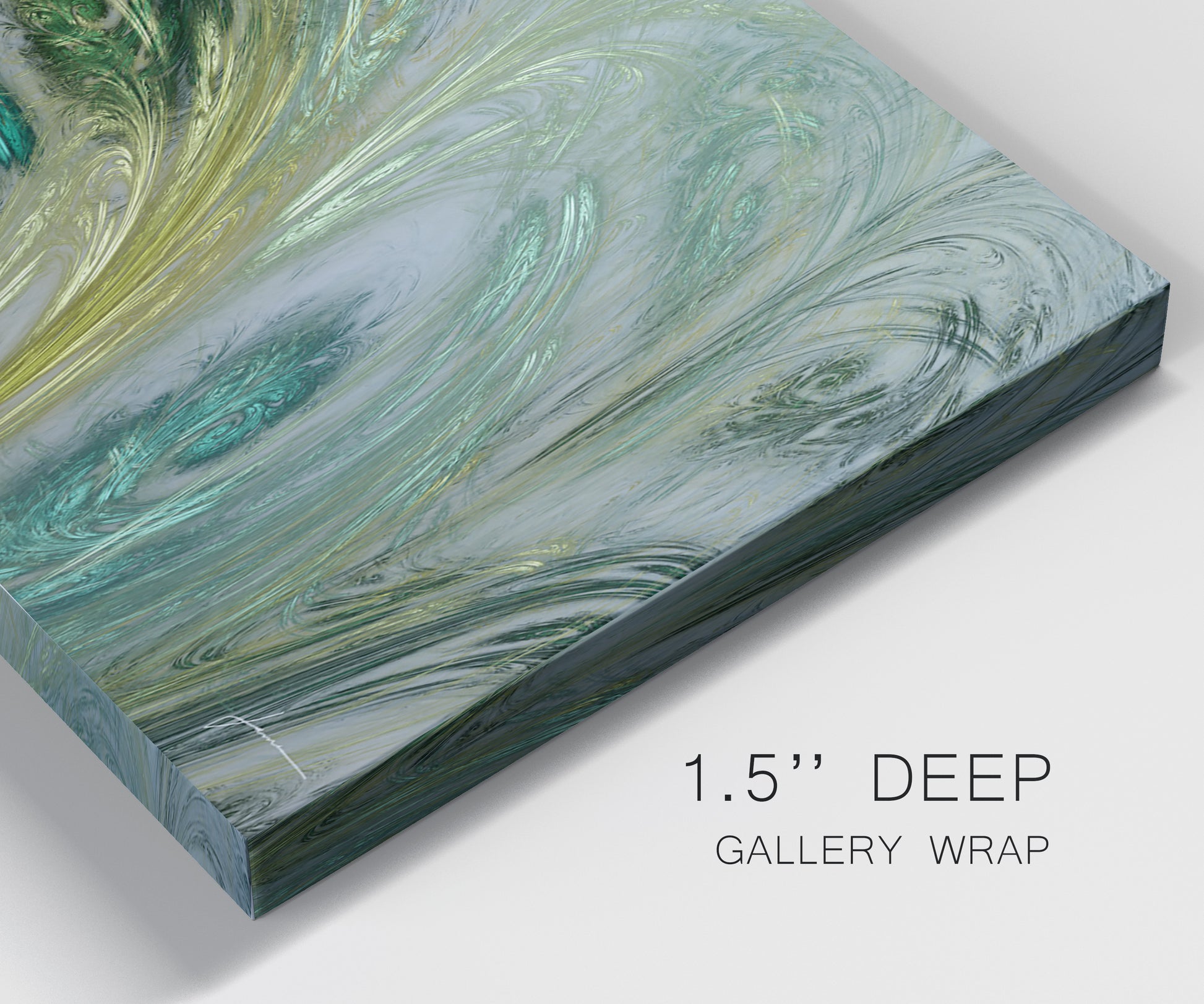 Close-up view of wrapped canvas corner featuring layered modern abstract landscape.