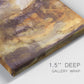 Close-up view of wrapped canvas corner featuring abstract architectural landscape.