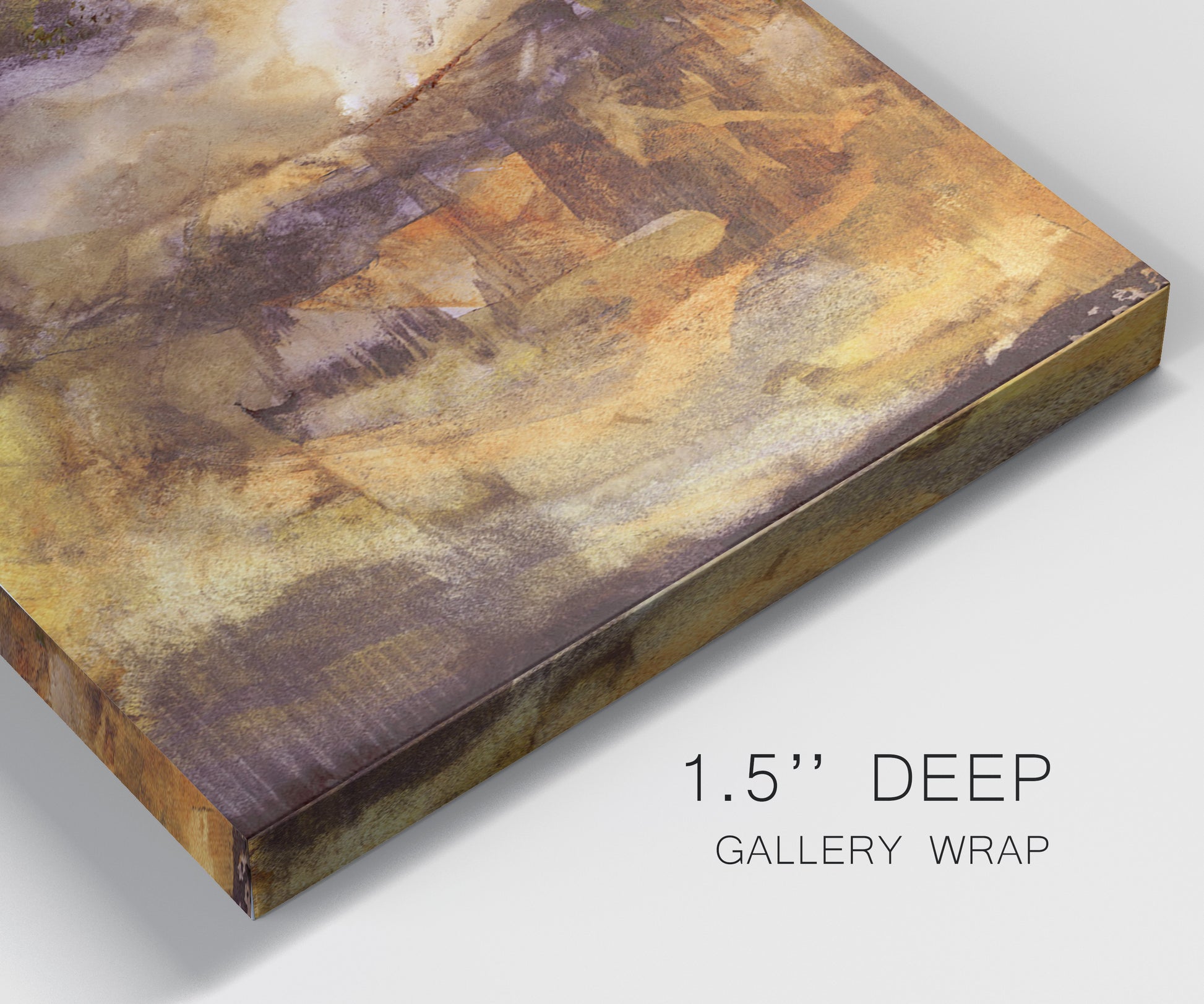 Close-up view of wrapped canvas corner featuring abstract architectural landscape.