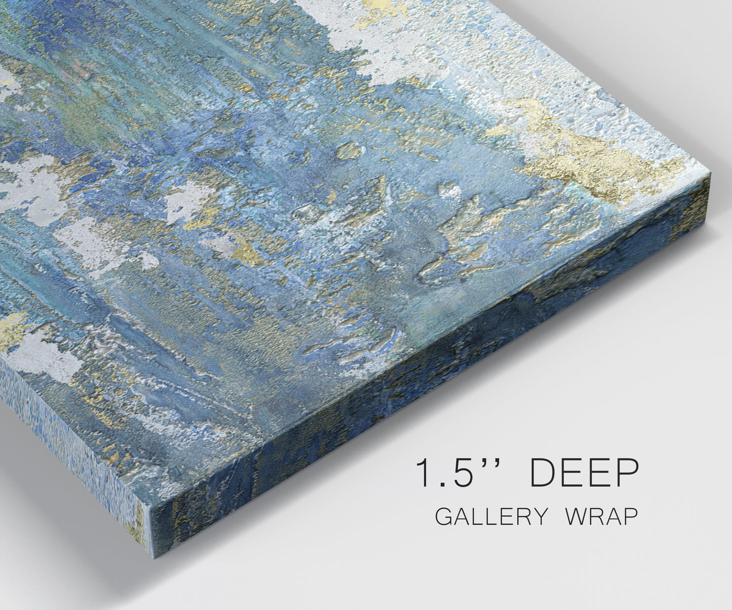 Close-up view of wrapped canvas corner featuring sparkling abstract sea surface.