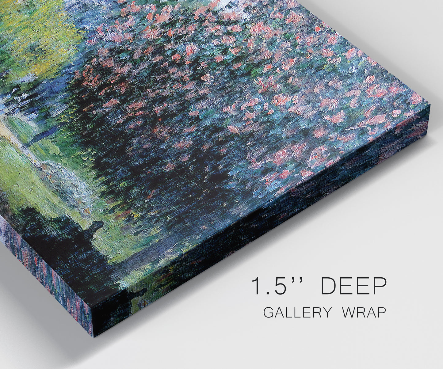 Close-up view of wrapped canvas corner featuring formal city park with trees.