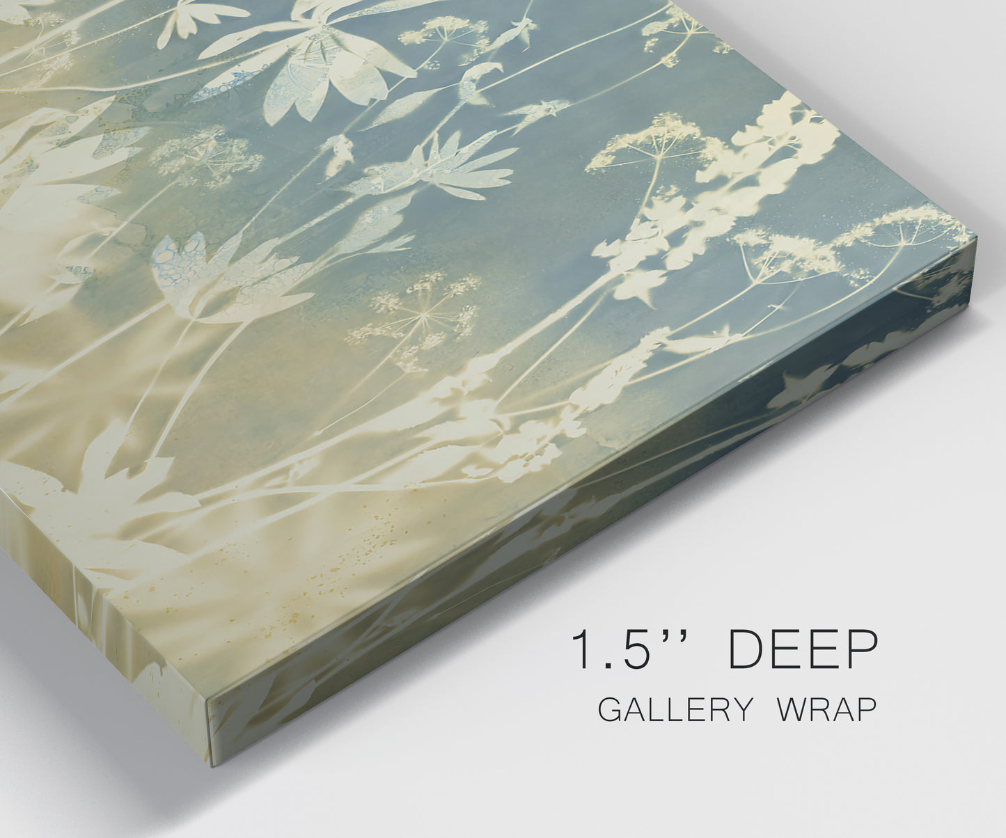 Close-up view of wrapped canvas corner featuring lupine flowers in seasonal bloom.