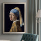 Iconic portrait of a girl wearing a pearl earring by Johannes Vermeer in an {frame_style_descriptor} displayed in a neutral interior setting.